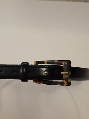 Classic Genuine Black Leather Womens Belt L Rectangular Tortoiseshell Buckle